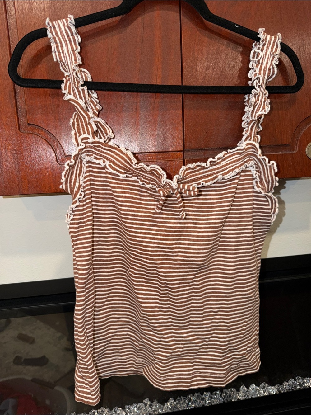 Anthropologie Women’s Brown & White Striped Ruffle-Trim Camisole